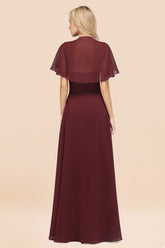 Chic Satin V-Neck Long Burgundy Chiffon Bridesmaid Dress with Flutter Sleeve-27dress